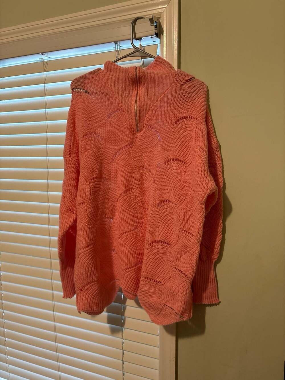 SHEIN Peach Quarter Zip Scalloped Pointelle Knit Sweater 1XL